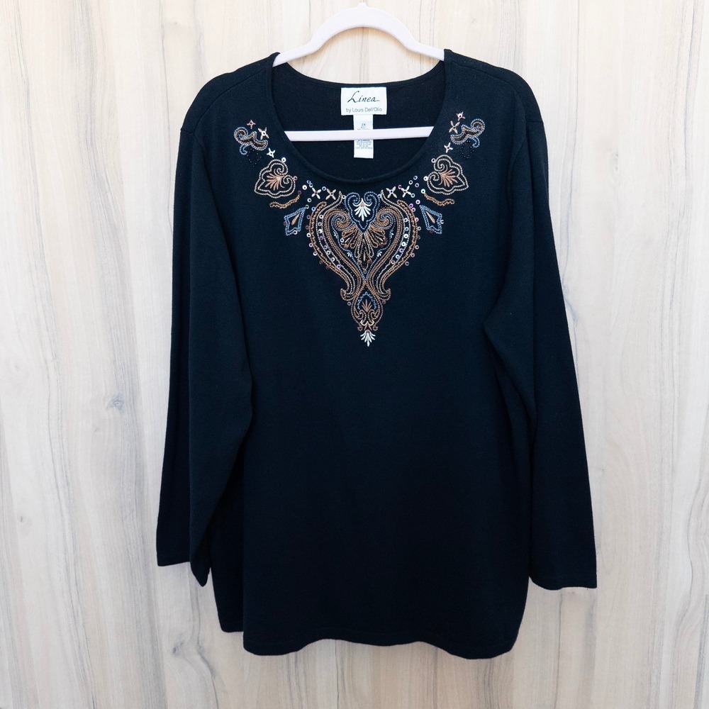 Linea by Louis Dell'Olio Beaded Top Sz 2X Black Long Sleeve Stretch Embroidered